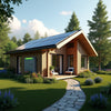 Zelfvoorzienend tuinhuis in iemands achtertuin. Het houten tuinhuis heeft zonnepanelen op het dak en een thuisbatterij voor de opslag van energie
