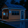Een modern houten tuinhuis in de avond met futuristische elementen, zoals blauwe ledverlichting langs de dakranden en deur, zonnepanelen op het dak, slimme beveiligingscamera’s, en een verlicht smart home-icoon op de wand. 