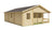 Een houten Tuindeco Kay tuinhuis met een afmeting van 595 x 800 x 310 cm, vervaardigd van 70 mm dikke vuren houten balken, afgebeeld tegen een witte achtergrond. De foto toont de voorkant van het tuinhuis.