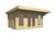 Een 3D-weergave van het houten tuinhuis Lory 435 x 350 x 223 cm van Tuindeco. Het tuinhuis heeft een moderne uitstraling met grote glazen deuren aan de voorkant en een plat dak met een overstekende luifel van 120 cm.